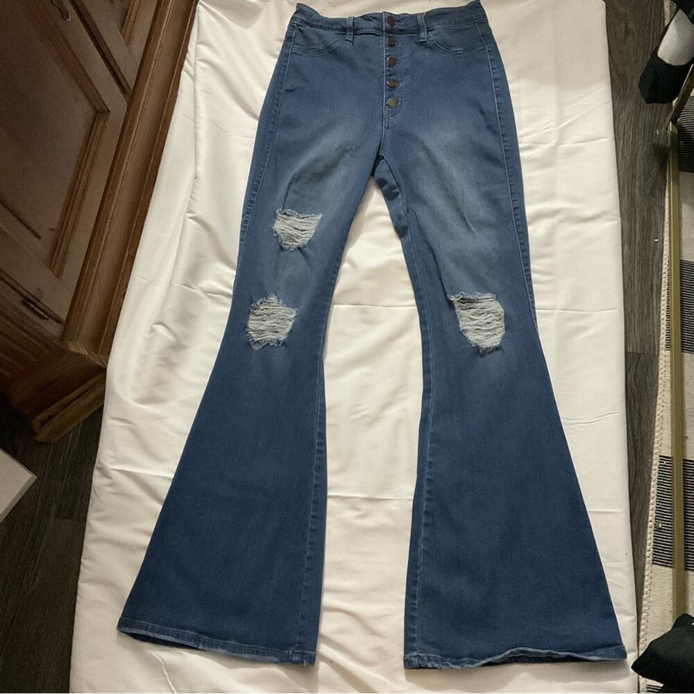 Fashion Nova Distressed Blue Wide Leg Flare Bellbottoms 13 Juniors Casual Hippie